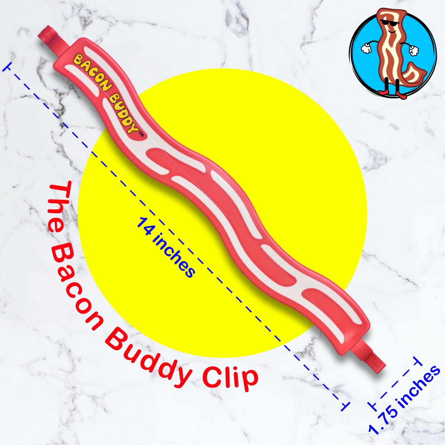 bacon buddy clip - bacon storage container, bacon keeper for fridge, air tight food storage container, chip clip for your bacon, kitchen organization, cooking accessories, fun food clip. Shown in use, clipped on a pack of bacon in a fridge. image shows the bacon buddy clip, diagonally with dimensions, length 14 inches