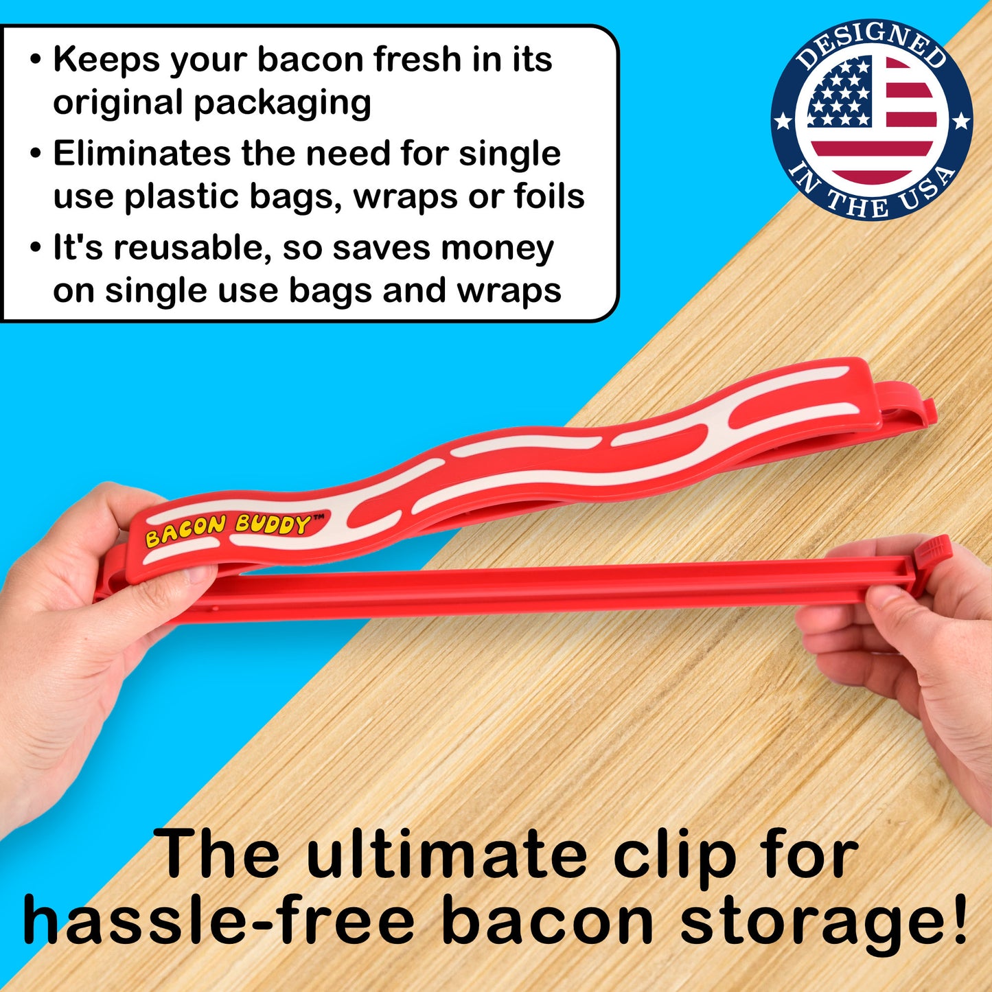 bacon buddy clip - bacon storage container, bacon keeper for fridge, air tight food storage container, chip clip for your bacon, kitchen organization, cooking accessories, fun food clip. Shown in use, clipped on a pack of bacon in a fridge. Image shows large bacon buddy clip open in hands, the ultimate food clip for bacon storage