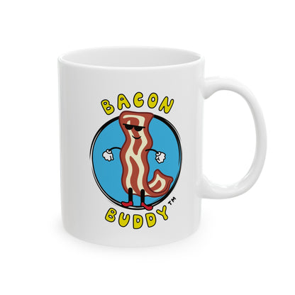 Front view, a white 11oz mug, with a blue circular graphic logo of the Bacon Buddy character, a cartoon style strip of bacon with arms, legs and sunglasses. Curved yellow text of Bacon Buddy around the logo. Logos are front and back. 