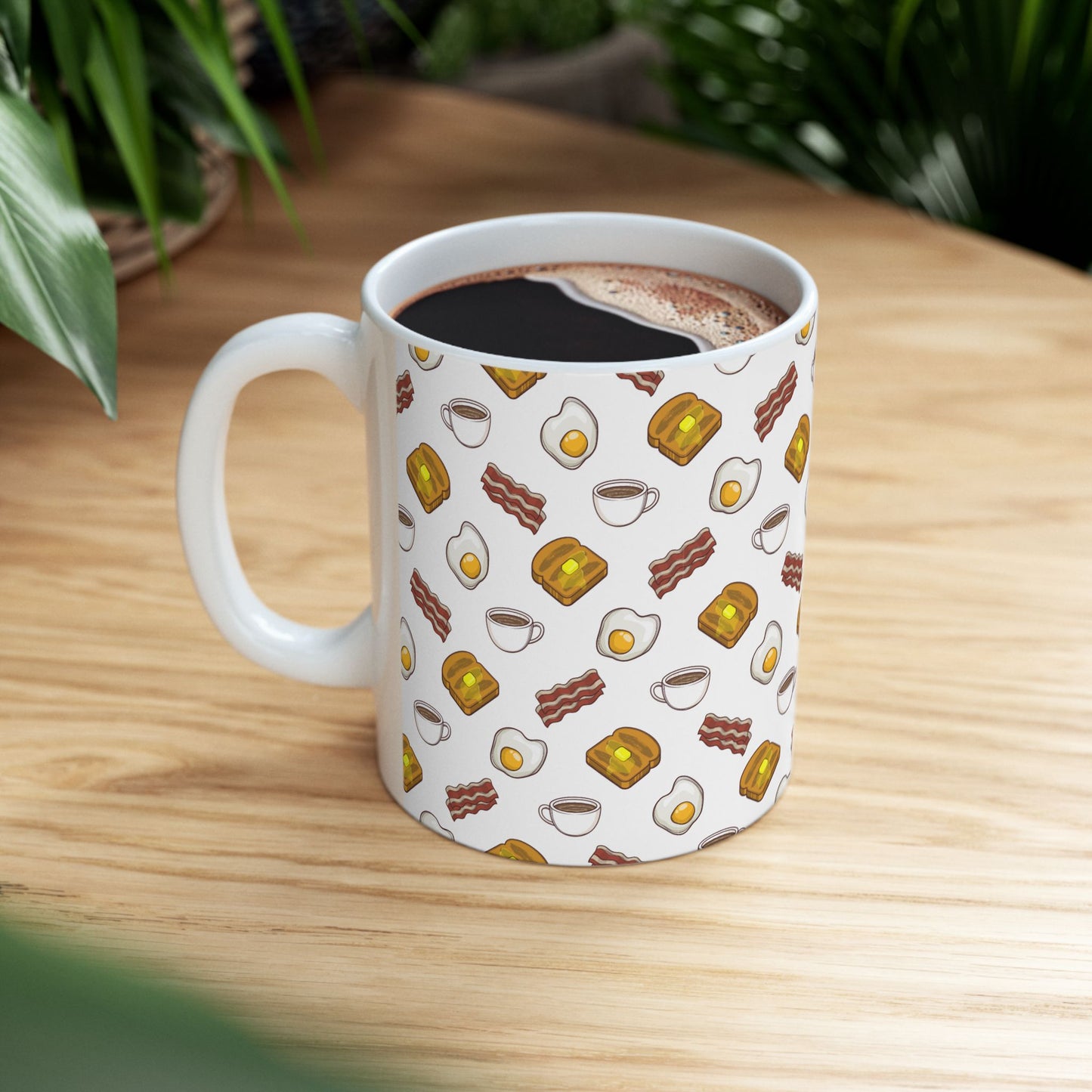 Breakfast Pattern Ceramic Mug - Bacon, Egg, Toast & Coffee