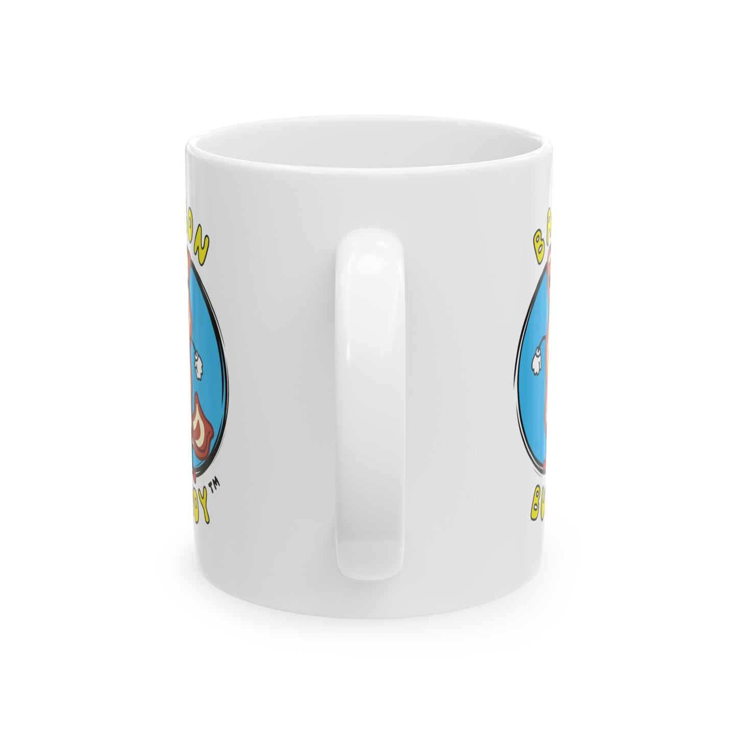 Handle side view, a white 11oz mug, with a blue circular graphic logo of the Bacon Buddy character, a cartoon style strip of bacon with arms, legs and sunglasses. Curved yellow text of Bacon Buddy around the logo. Logos just out of view