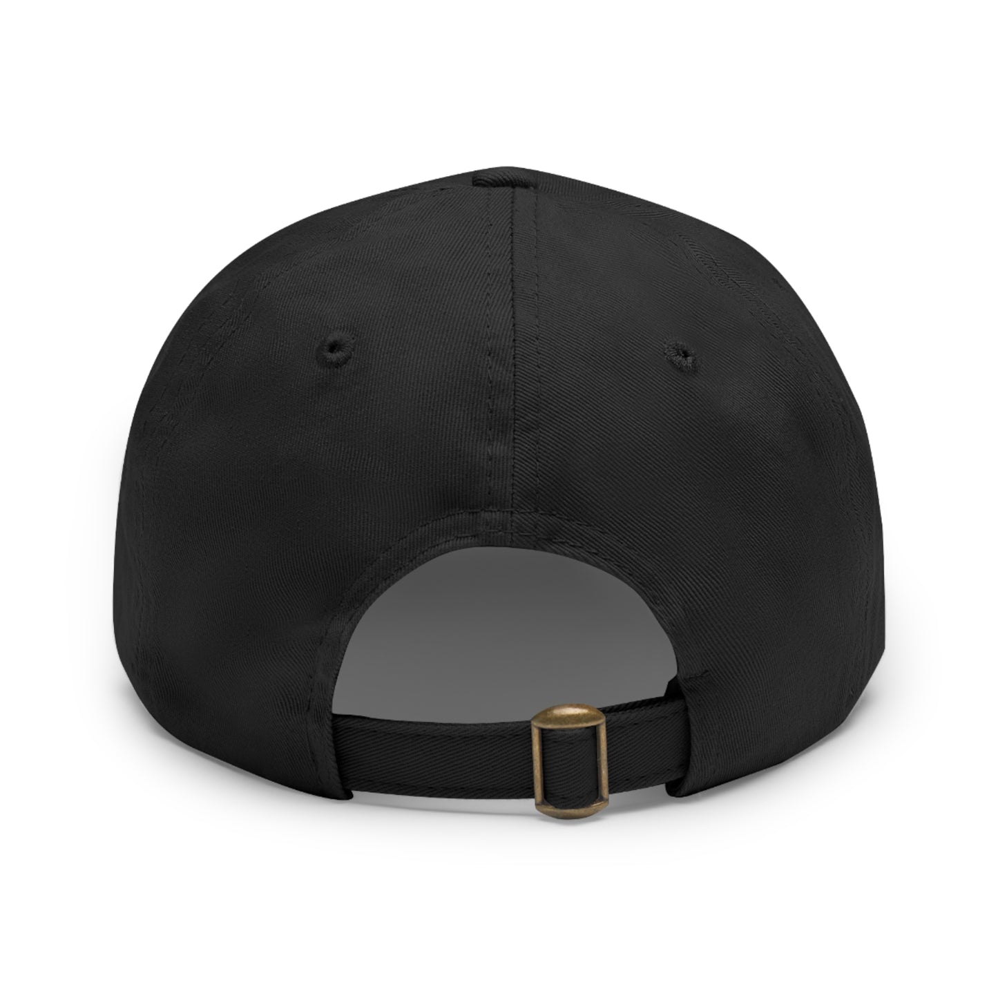 'Dad hat' style Black coloured baseball cap. Photographed is back view, showing the adjustable strap