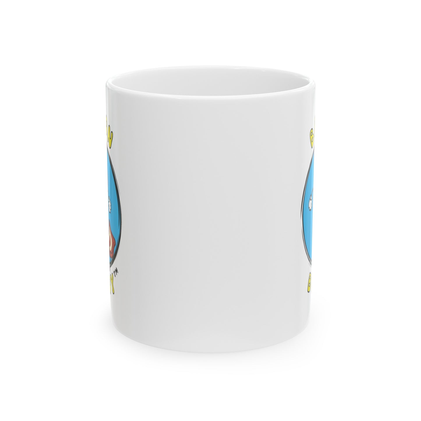 Side view, a white 11oz mug, with a blue circular graphic logo of the Bacon Buddy character, a cartoon style strip of bacon with arms, legs and sunglasses. Curved yellow text of Bacon Buddy around the logo. Logos just out of view 