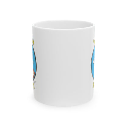 Side view, a white 11oz mug, with a blue circular graphic logo of the Bacon Buddy character, a cartoon style strip of bacon with arms, legs and sunglasses. Curved yellow text of Bacon Buddy around the logo. Logos just out of view 