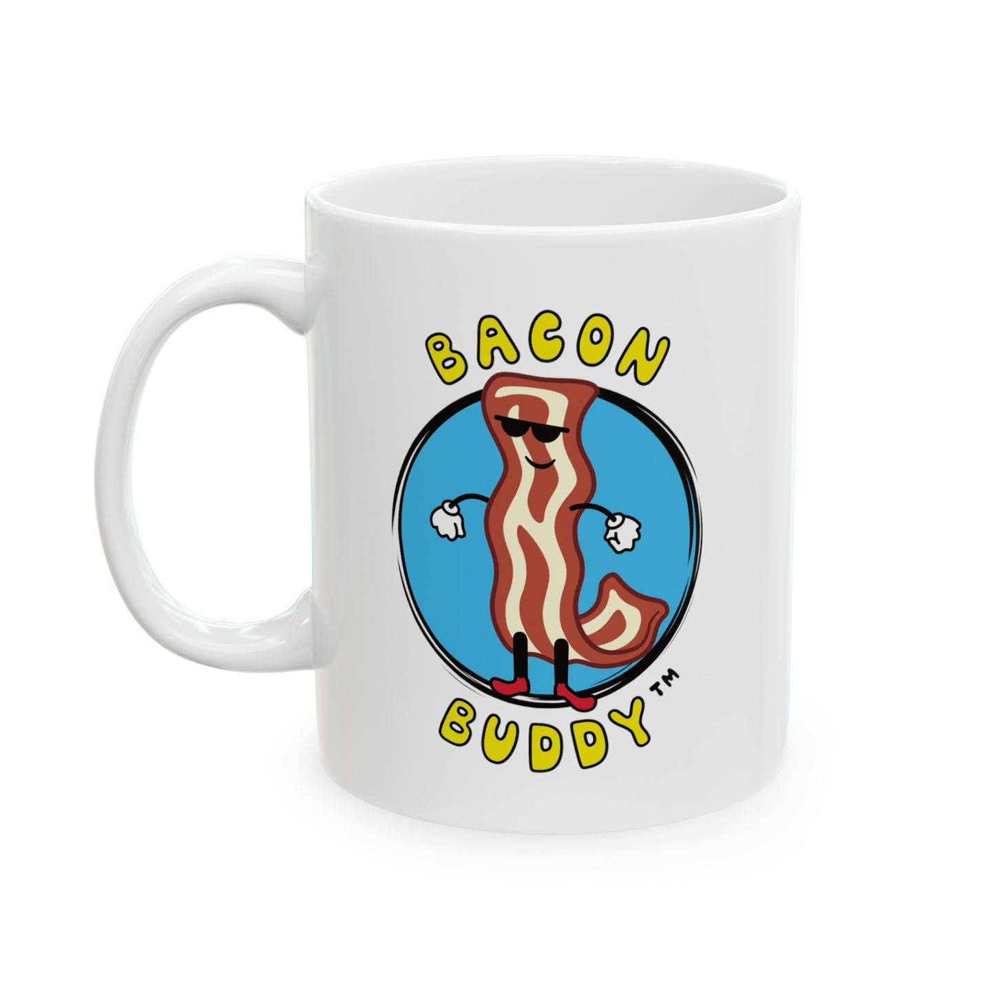 A white mug with a blue circular logo of a cartoon bacon character wearing sunglasses, "Bacon Buddy" text, front and back design