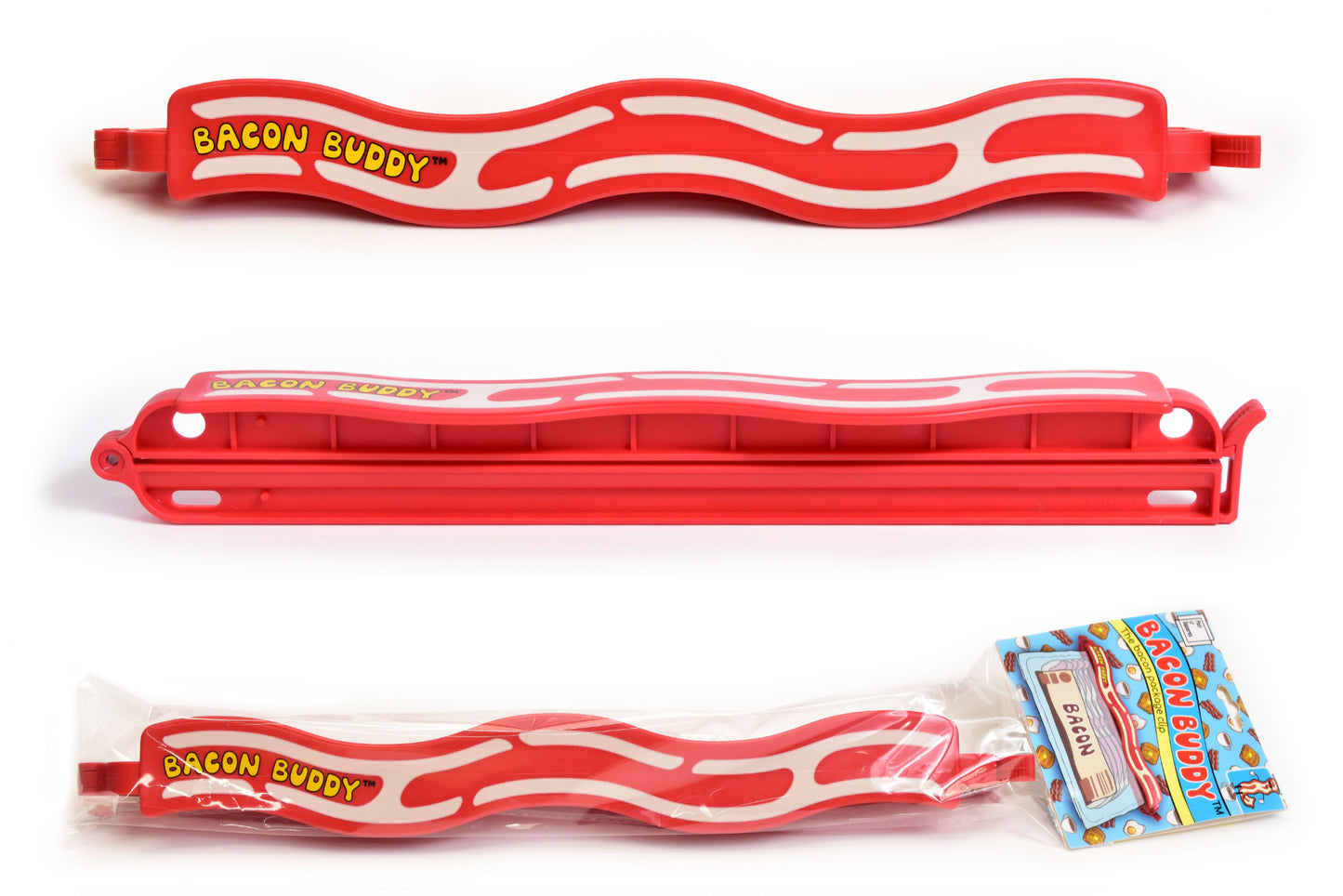 A collage type image of the Bacon Buddy clip. Three images, top view, side view and in packaging shot. The product is a long, red wavy bacon shaped plastic food packaging clip. Has printed wavy text in yellow saying 'Bacon Buddy' and wavy cream strips to look like bacon. photographed on a plain bright white background