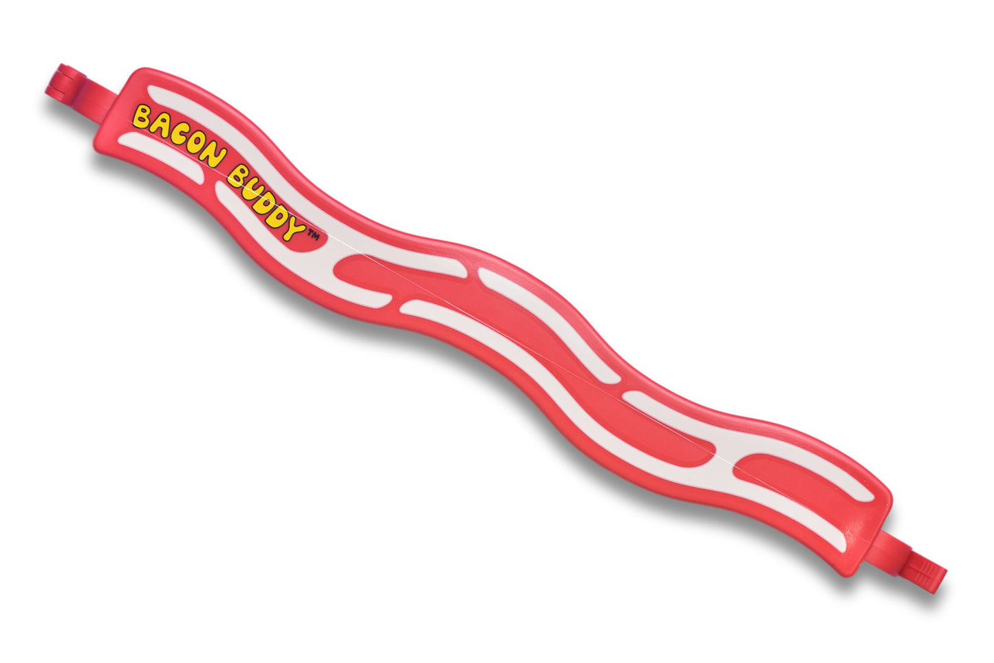 The Bacon Buddy clip, a 13 inch (35cm) long, red wavy bacon shaped plastic food packaging clip. Has printed wavy text in yellow saying 'Bacon Buddy' and wavy cream strips to look like bacon. Clip photographed on a plain bright white background