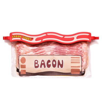 bacon buddy clip - bacon storage container, bacon keeper for fridge, air tight food storage container, chip clip for your bacon, kitchen organization, cooking accessories, fun food clip. Shown in use, clipped on a pack of bacon in a fridge. image shows the bacon buddy clip in use, clipped onto a pack of bacon, against a pure white background