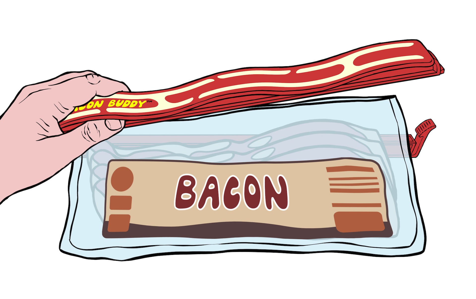 Color illustration of a pack of bacon being closed with a Bacon Buddy Clip