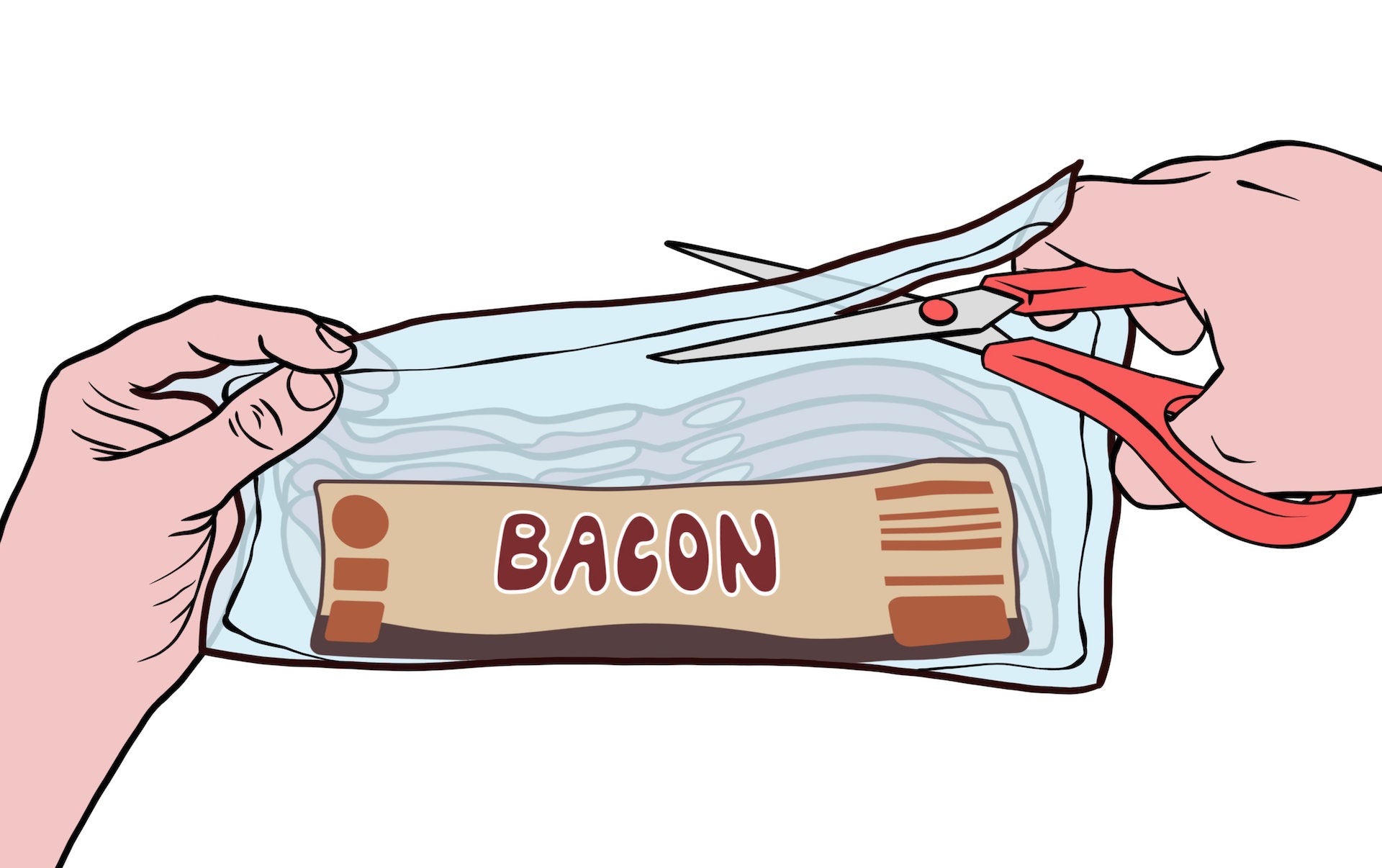 Color illustration of a pack of bacon being cut open with scissors