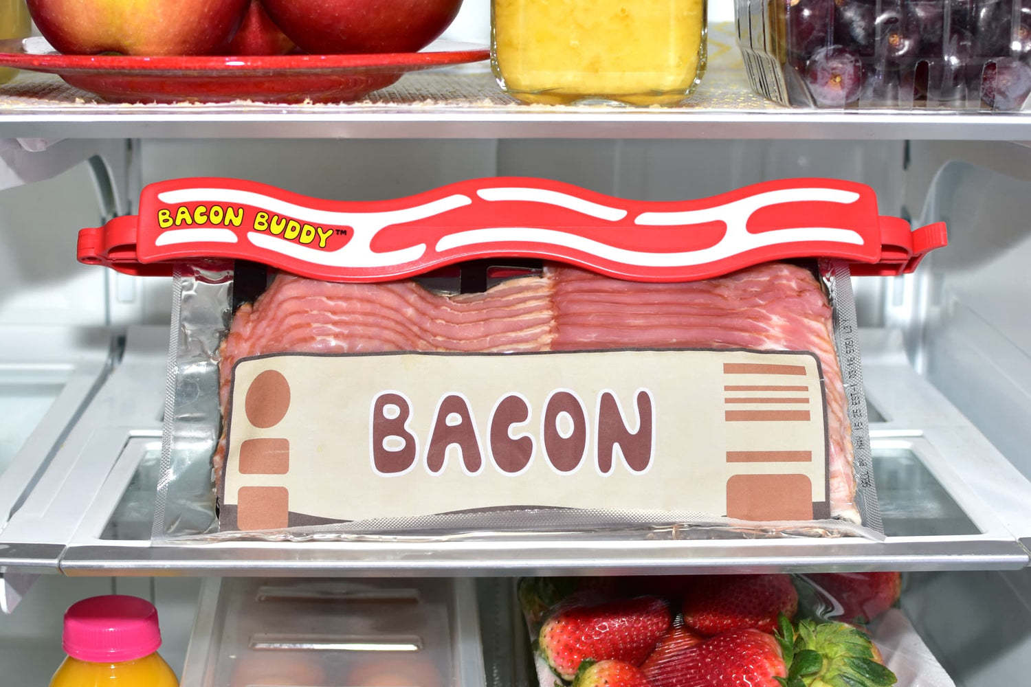 Bacon Buddy Clip keeping an open bacon package fresh and organized on a fridge shelf